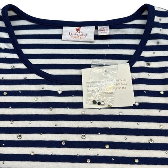 New Quacker Factory by Jeanne Bice Blue‎ White Embellished 3/4 Sleeve Top Large - Picture 3 of 7
